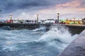 Tidal waves along Rizal Boulevard at dusk, Dumaguete waterfront,Negros Island,Philippines