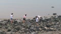 Shenzhen, China: women and children play at the beach or catch crabs.