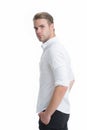 Tidy boy. Working formal dress code. Menswear formal style. Man well groomed formal shirt white background. Guy handsome