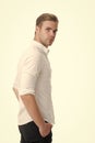 Tidy boy. Working formal dress code. Menswear formal style. Man well groomed formal shirt white background. Guy handsome