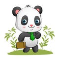 The tidy panda with the bright tie is holding a suite case and walking in the garden