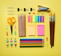 Tidy School Stationary Flat Lay on Yellow Background