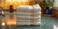 Tidy stack of pristine towels placed neatly on bathroom counter. Concept Bath, Organized, Laundry, Royalty Free Stock Photo