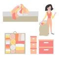 Tidy up and declutter concept vector icon set. Closet organization illustration. Woman with bag decluttering and tidying her
