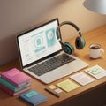 A tidy workspace features an open laptop displaying a sleek user interface. Royalty Free Stock Photo