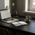 A tidy workspace featuring a dark wooden desk by a window. On the desk is an open