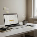 A tidy workspace with a white desk features an open laptop displaying a line graph