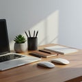A tidy workspace with a wooden desk. It features a laptop, a small potted succulent