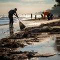 Tidying up the beach: Volunteers use rakes to collect trash.