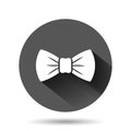 Tie bow icon in flat style. Bowtie vector illustration on black round background with long shadow effect. Butterfly circle button