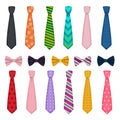 Tie and bows. Colored fashion clothes accessories for men shirts suits vector collections of ties Royalty Free Stock Photo