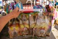 Tie and dye fabrics in a farmer`s market shop Royalty Free Stock Photo