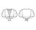Tie-front cropped shirt technical fashion illustration with voluminous short puff sleeves, plunging neckline Flat blouse