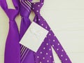 tie purple gift box on a composition decorative white wooden background accessory