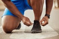 Tie, shoes man workout, exercise and training for fitness, wellness and health. Cardio, zoom and athlete ready for run Royalty Free Stock Photo