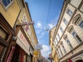 Tie shop selling souvenir on the pedestrian street of Radiceva in Zagreb. Royalty Free Stock Photo