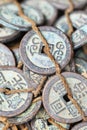 Tied antique Chinese coins on Panjiayuan Market, Beijing, China.