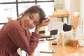 tied hair long hair asian lady look at camera and smile whlie ha