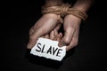 Tied hands with rope in man. The concept of slavery or hostage, restriction of freedom.