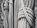 A tied rope hangs among other ropes of different thicknesses. Black and white photo