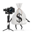 Tied Rustic Canvas Linen Money Sack or Money Bag and Dollar Sign Character Mascot with DSLR or Video Camera Gimbal Stabilization