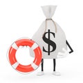 Tied Rustic Canvas Linen Money Sack or Money Bag and Dollar Sign Character Mascot with Life Buoy. 3d Rendering Royalty Free Stock Photo