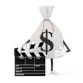 Tied Rustic Canvas Linen Money Sack or Money Bag and Dollar Sign Character Mascot with Movie Clapper Board. 3d Rendering