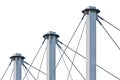 Tied Suspension Roof Cables, Three Tall Blue Grey Isolated Masts, Cable-suspended Swooping Rooftop Pylon Anchors, Large Detailed