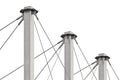 Tied Suspension Roof Cables, Three Tall Grey Isolated Masts, Cable-suspended Swooping Rooftop Pylon Anchors, Large Detailed