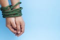 Tied Women Hands, Violence, FreedomConcept, Blue Toned Background, Copy Space