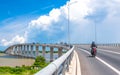 Traffic My Loi bridge on Mekong River in morning.