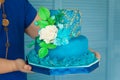Blue and gold birthday or wedding cake Royalty Free Stock Photo