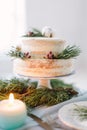2 tier rustic wedding cake decorated with pine, berries and cotton flower on the wedding table with decor, plates and