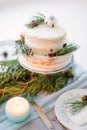 2 tier rustic wedding cake decorated with pine, berries and cotton flower on the wedding table with decor, plates and Royalty Free Stock Photo