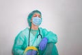 Doctor, nurse in PPE suit uniform has stress in Coronavirus outbreak or Covid-19, Concept of Covid-19 quarantine.Emotional stress