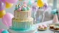 Tiered Birthday Cake with Festive Balloon Decorations