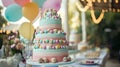 Tiered Birthday Cake with Festive Balloon Decorations