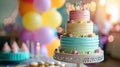 Tiered Birthday Cake with Festive Balloon Decorations