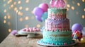 Tiered Birthday Cake with Festive Balloon Decorations