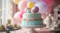 Tiered Birthday Cake with Festive Balloon Decorations