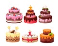 Tiered cakes colorful flat vector illustrations set