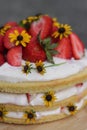 tiered layered cake with yellow wildflowers and strawberries wood board summer cake