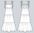 Tiered Maxi Dress technical fashion illustration. Knot Strap Dress fashion flat technical drawing template, bustier, relaxed fit