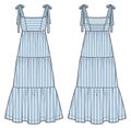 Tiered Maxi Dress technical fashion illustration, striped design. Strap Dress fashion flat technical drawing template, bustier