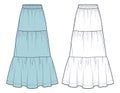 Tiered Maxi Skirt technical fashion illustration. Boho Skirt fashion flat technical drawing template, elastic waistband