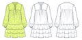 Tiered Mini Dress technical fashion illustration, floral design. Ruffled Dress fashion flat technical drawing template