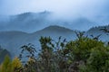 Tiered mountains shrouded in mist