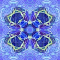 FLOWER MANDALA. TIFFANY STYLE. TEXTURED BLUE BACKGROUND. CENTRAL FLOWER IN YELLOW, GREEN AND BLUE