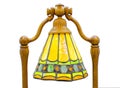 Tiffany style vintage accent bell shape wishbone harp lamp design with attached stained glass in green, yellow, red colors.