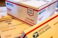 Tiffin, Iowa, USA; 12-2020: United States Postal Service priority mail flat rate shipping boxes and material